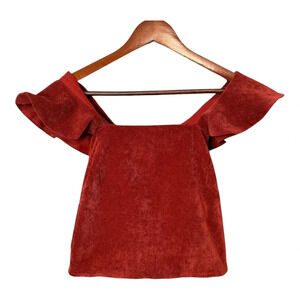 English Factory Burgundy Red Velvet Ruffle Strap Sleeveless Blouse. Zip Up. Med